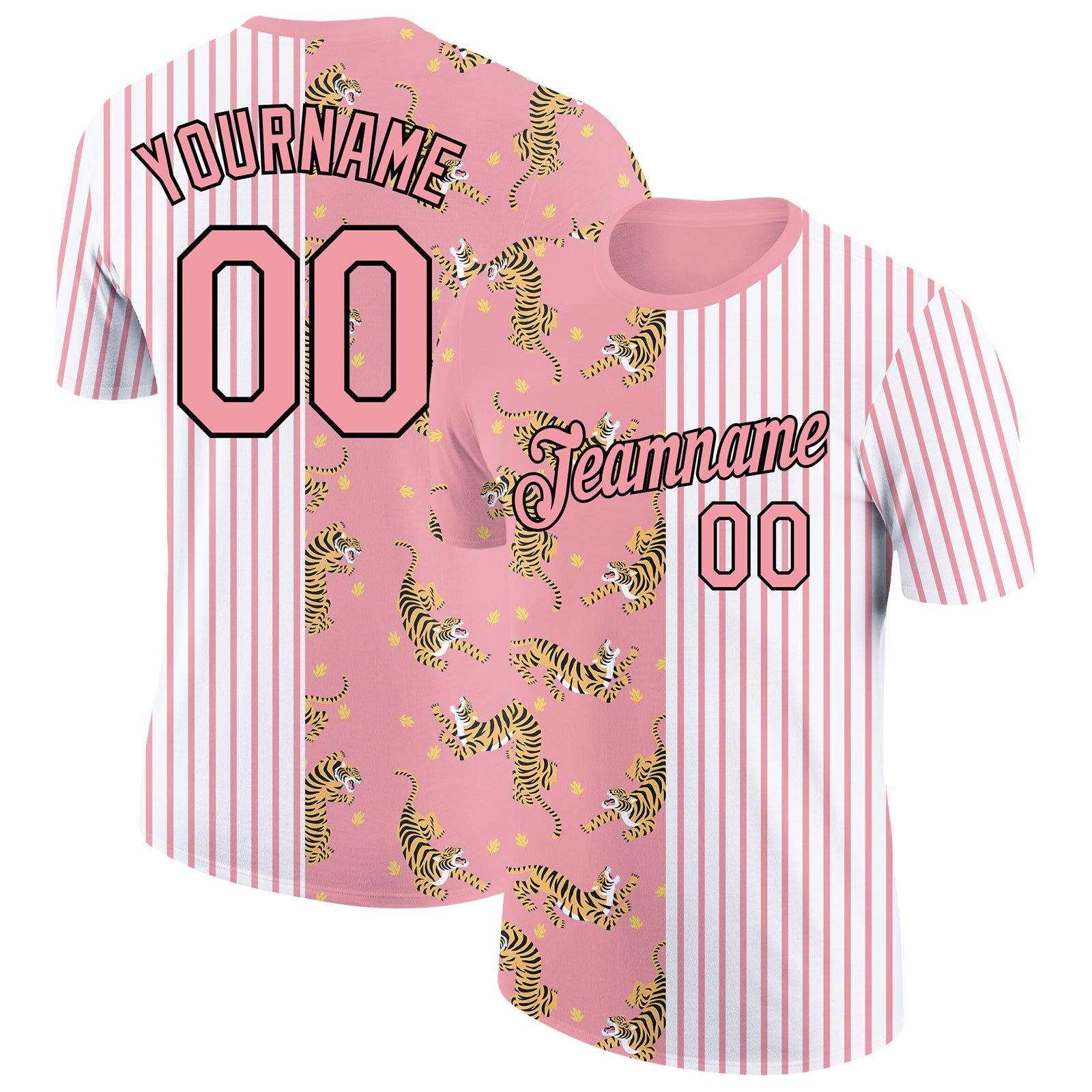 Custom Name and Number 3D Tiger Performance T-Shirt, Personalized Medium Pink Black-White Design Personalized Medium Pink