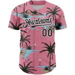 Custom Name and Number Tropical Hawaii Palm Trees Baseball Jersey, Medium Pink Black-White 3D Pattern Design Personalized