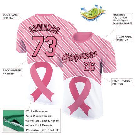 Personalized 3D Pink Ribbon Breast Cancer Performance T-Shirt - Medium Pink Black-White Team Custom Name & Number Personalized