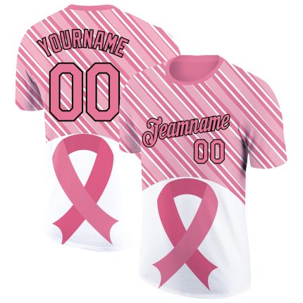 Personalized 3D Pink Ribbon Breast Cancer Performance T-Shirt - Medium Pink Black-White Team Custom Name & Number Personalized