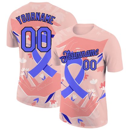 Personalized World Cancer Day Performance T-Shirt with Custom Name, Medium Pink and Electric Blue-Black 3D Pattern Design