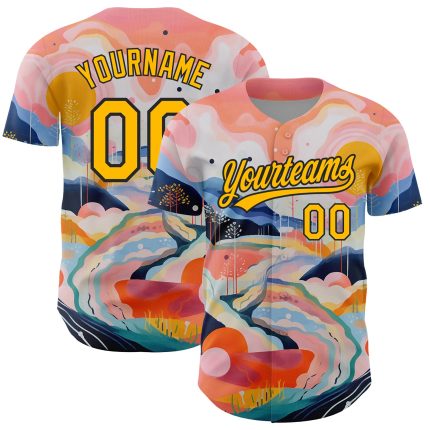 Custom Medium Pink Gold-Black 3D Abstract Baseball Jersey with Team Name and Number - Personalized Design Personalized Medium