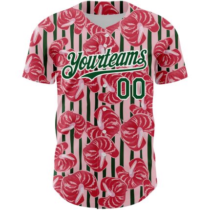 Personalized Tropical Anthurium Flower Baseball Jersey Custom Name Number Medium Pink Green White 3D Pattern Design Personalized