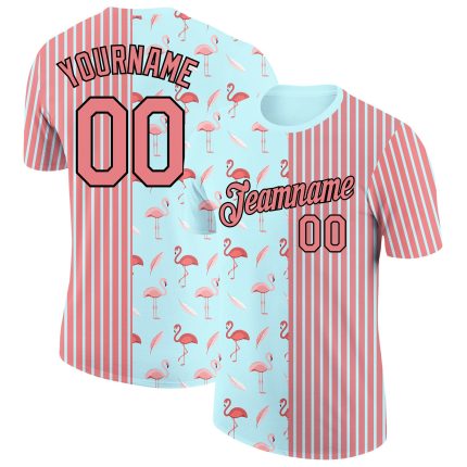 Custom Flamingo Performance T-Shirt with Name and Number - Medium Pink Ice Blue-Black 3D Pattern Design Personalized Medium