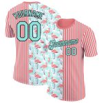 Personalized Tropical Hawaii Flamingo T-Shirt with 3D Palm Leaves - Custom Name & Number, Medium Pink Ice Blue-Black Personalized