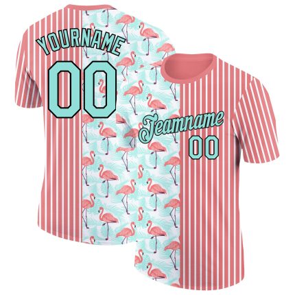 Personalized Tropical Hawaii Flamingo T-Shirt with 3D Palm Leaves - Custom Name & Number, Medium Pink Ice Blue-Black Personalized