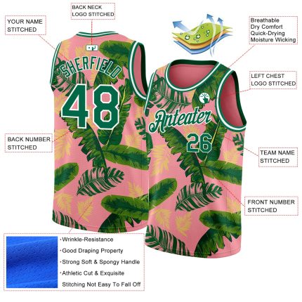Custom Name and Number Authentic Basketball Jersey with Tropical Hawaii Leaves 3D Pattern in Pink and Kelly Green - Medium Size