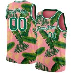 Custom Name and Number Authentic Basketball Jersey with Tropical Hawaii Leaves 3D Pattern in Pink and Kelly Green - Medium Size