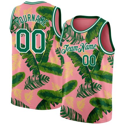 Custom Name and Number Authentic Basketball Jersey with Tropical Hawaii Leaves 3D Pattern in Pink and Kelly Green - Medium Size