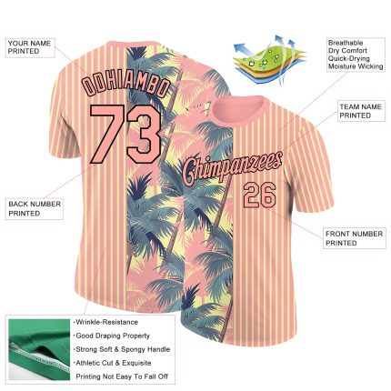 Custom Name Number 3D Tropical Hawaii Trees T-Shirt in Medium Pink Light Yellow Black - Personalized Performance Tee Personalized