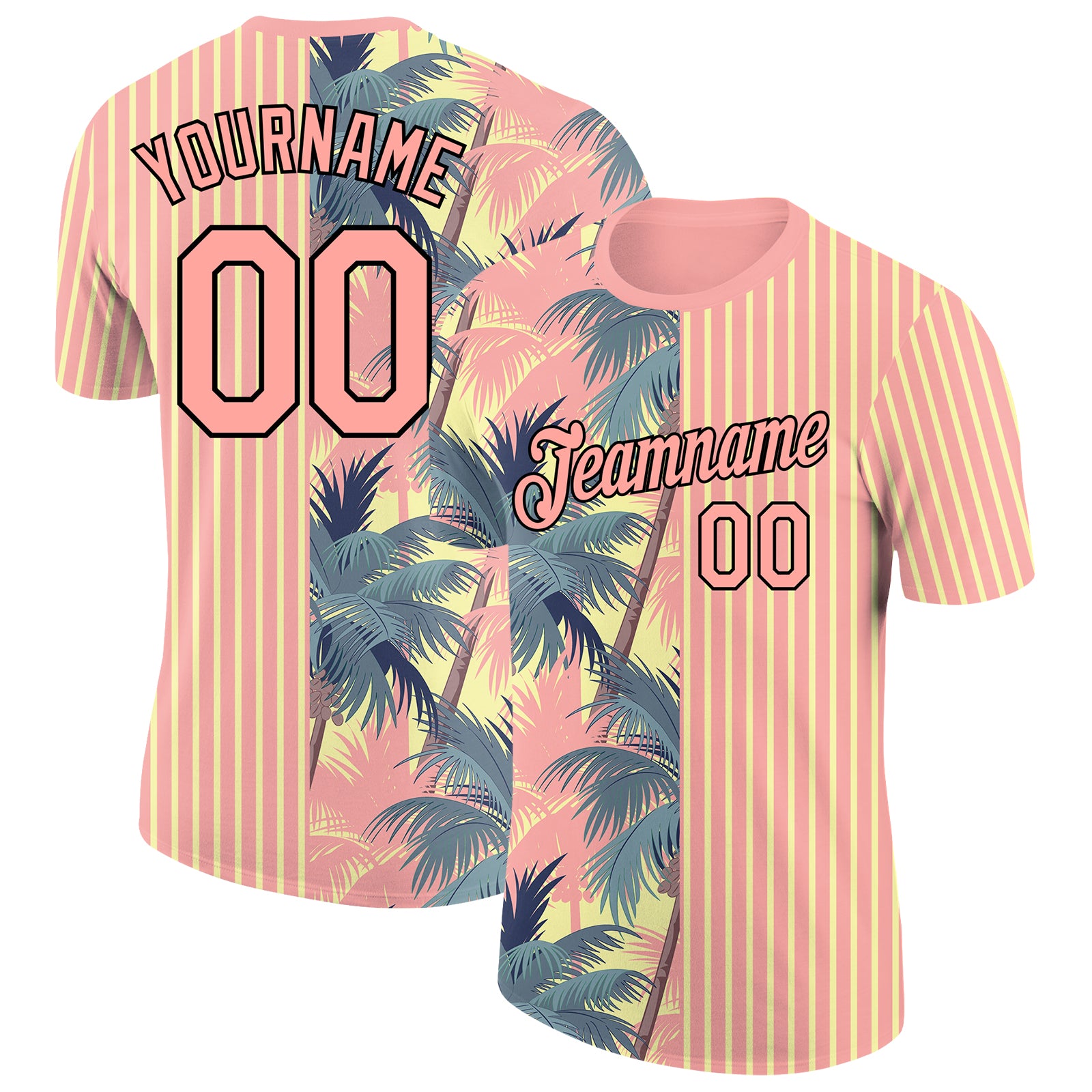 Custom Name Number 3D Tropical Hawaii Trees T-Shirt in Medium Pink Light Yellow Black - Personalized Performance Tee Personalized