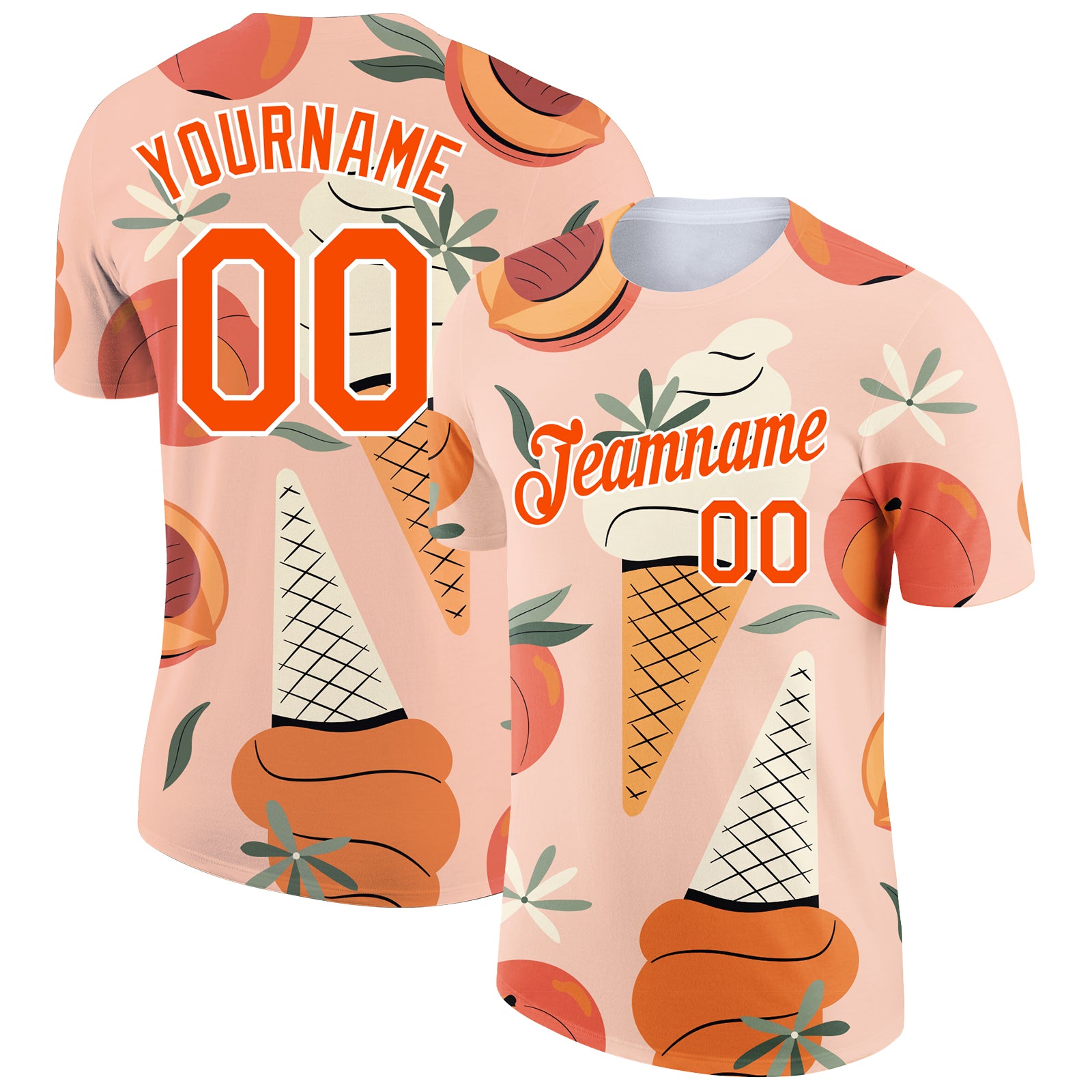 Custom Name and Number 3D Pattern Summer T-Shirt for Holidays - Medium Pink Orange-White Ice Cream and Fruit Design Personalized