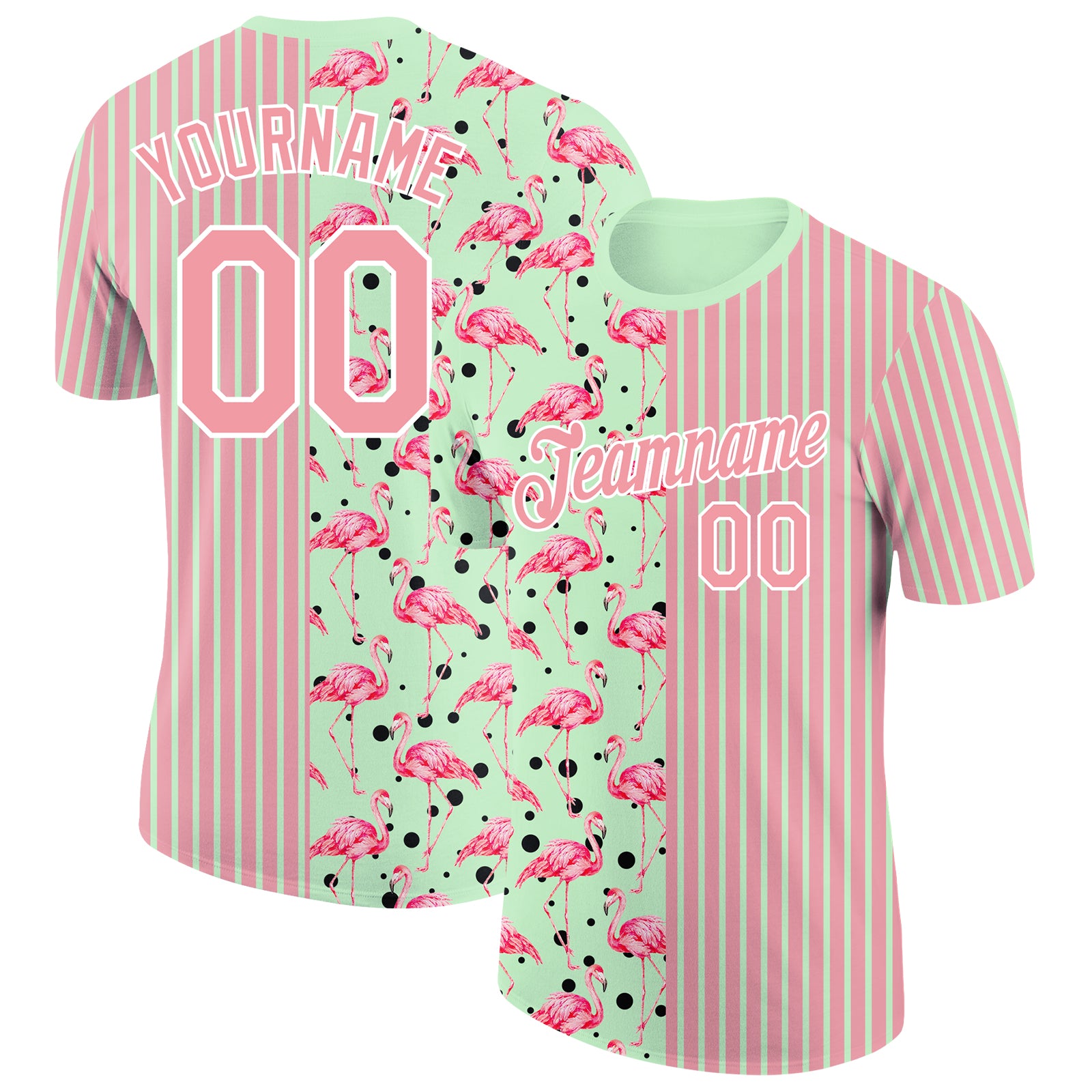 Personalized Flamingo Performance T-Shirt with Custom Name and Number, Medium Pink Pea Green-White 3D Pattern Design Personalized