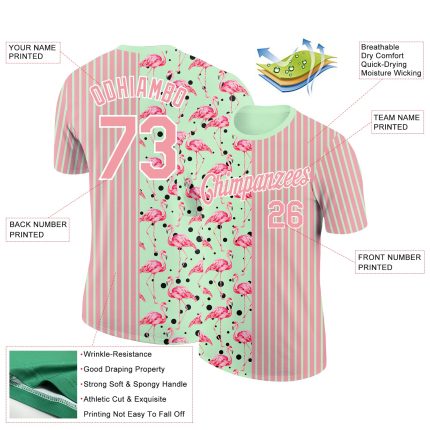 Personalized Flamingo Performance T-Shirt with Custom Name and Number, Medium Pink Pea Green-White 3D Pattern Design Personalized