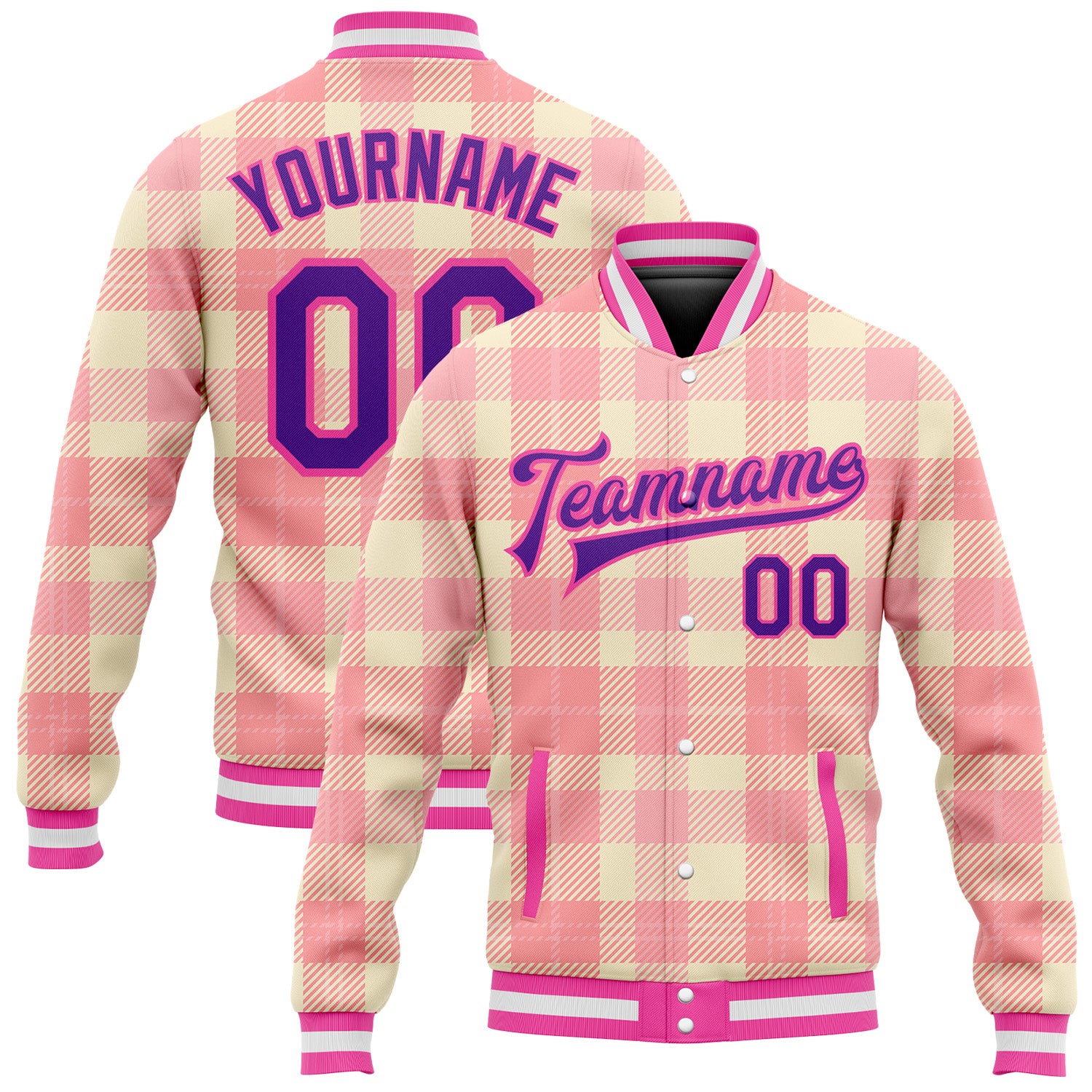 Custom Name and Number Personalized Pink Purple Plaid Bomber Varsity Jacket Medium 3D Pattern Design Full-Snap Classic Personalized