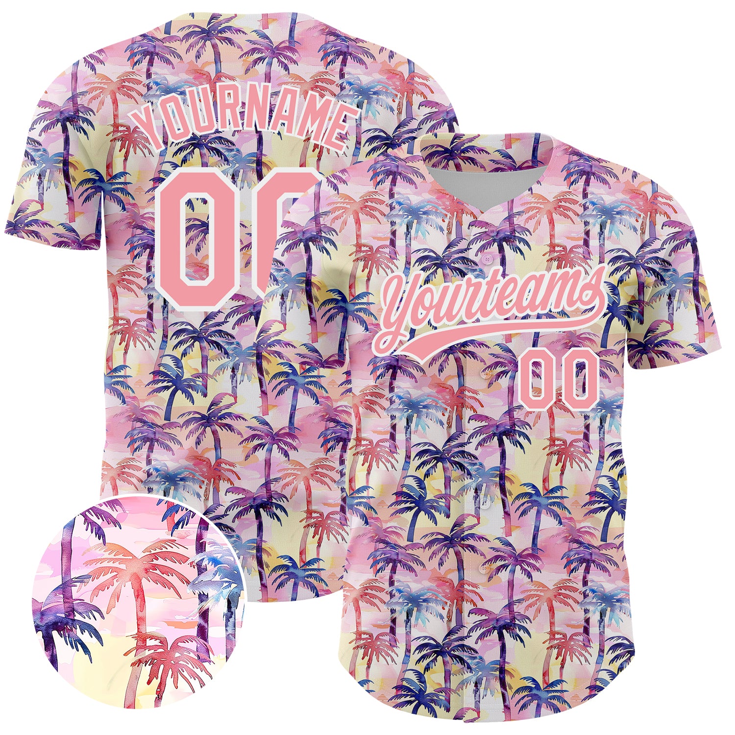 Custom Name and Number Tropical Hawaii Palm Trees Baseball Jersey - Personalized Medium Pink White 3D Pattern Design Personalized