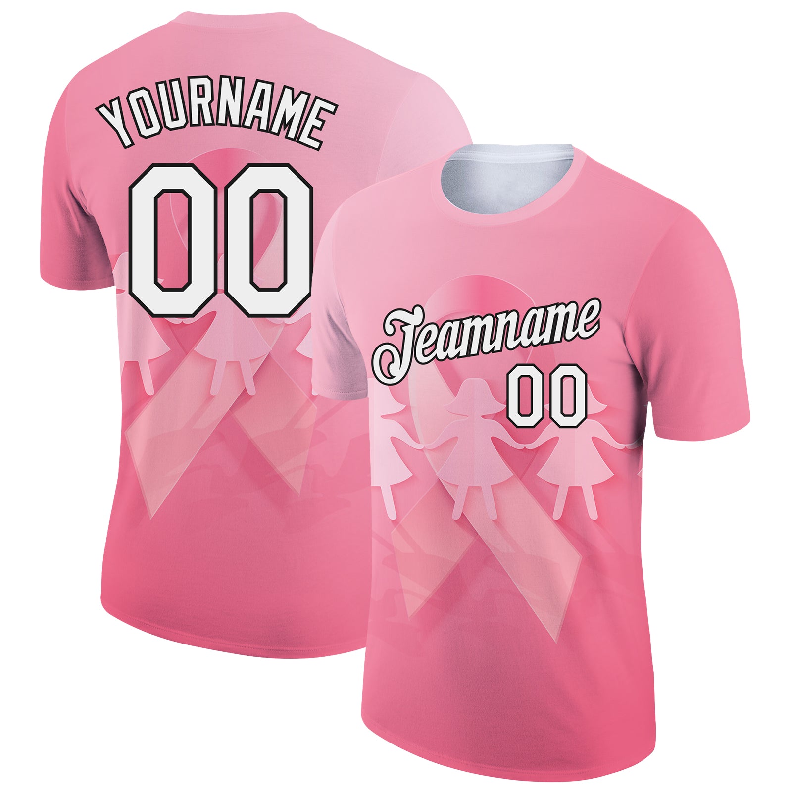 Personalized 3D Pink Ribbon Breast Cancer T-Shirt with Custom Name & Number - Medium Pink White Black Performance Tee Personalized