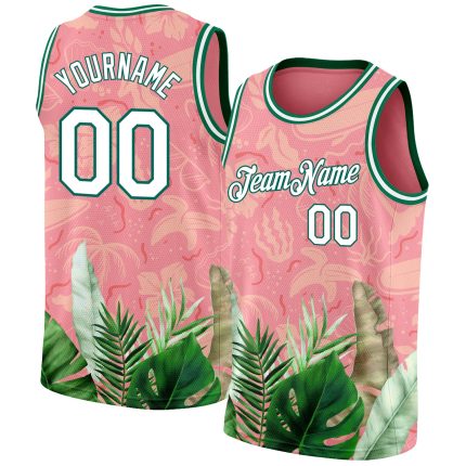 Custom Name Number Tropical Hawaii Leaves 3D Pattern Basketball Jersey Medium Pink White Kelly Green Personalized Medium