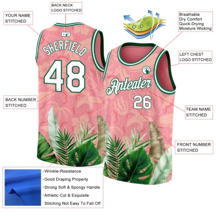 Custom Name Number Tropical Hawaii Leaves 3D Pattern Basketball Jersey Medium Pink White Kelly Green Personalized Medium