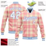 Custom Name and Number Classic Western Plaid Bomber Varsity Jacket - Personalized Medium Pink White Light Blue 3D Design