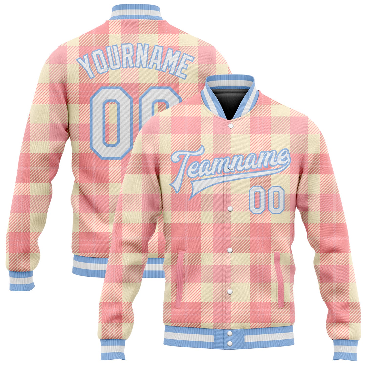 Custom Name and Number Classic Western Plaid Bomber Varsity Jacket - Personalized Medium Pink White Light Blue 3D Design