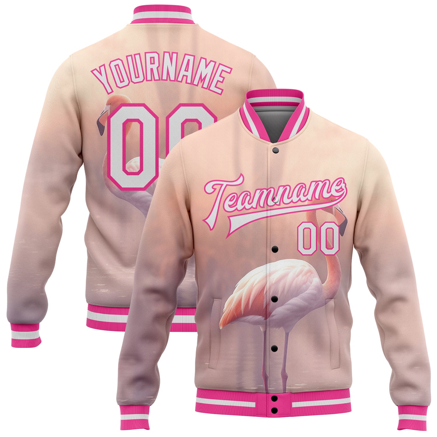 Personalized Pink Flamingo 3D Pattern Varsity Jacket with Custom Name & Number - Medium Full-Snap Bomber Design Personalized