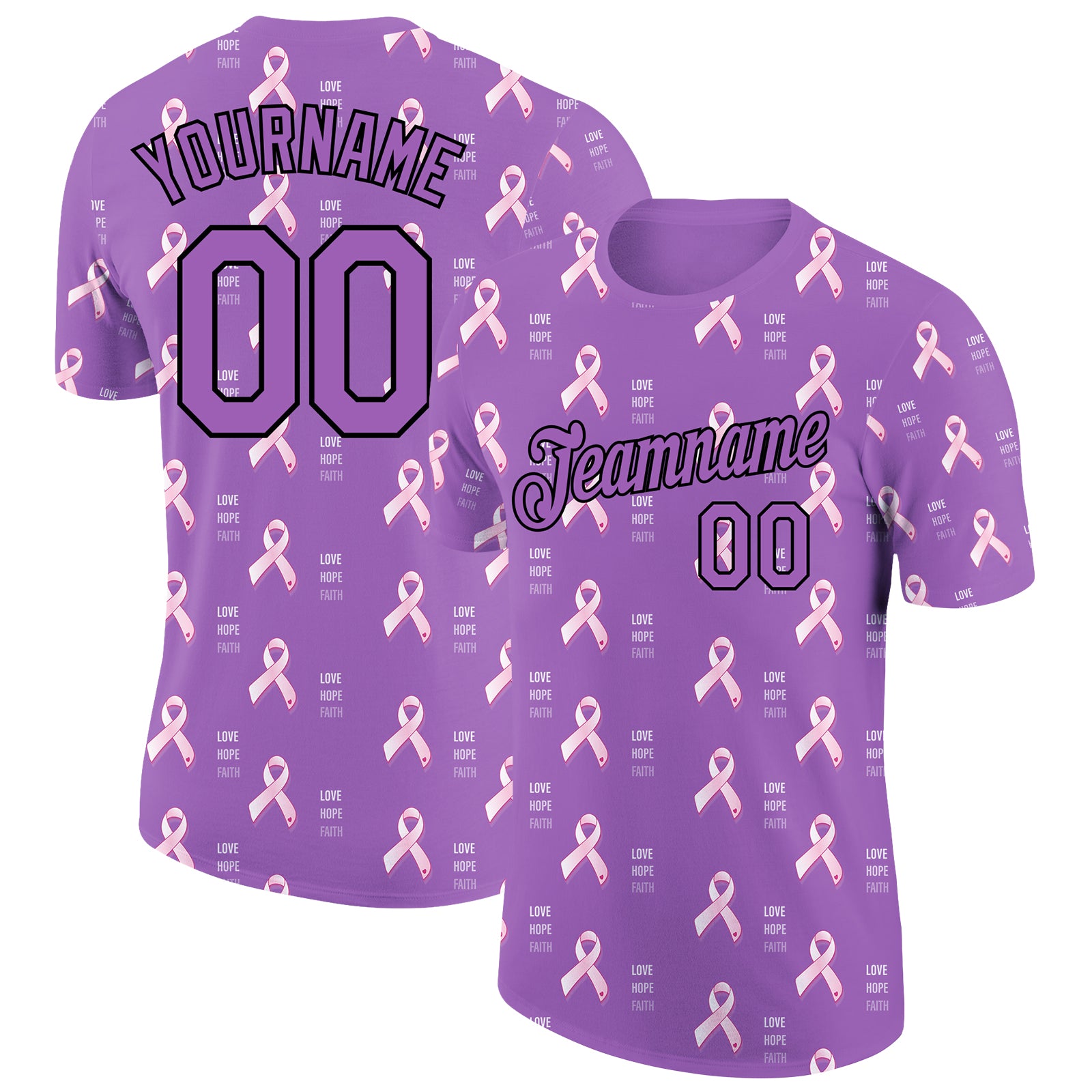 Custom Pink Ribbon Breast Cancer T-Shirt with Team Name and Number - Personalized Medium Purple Black Performance Tee Personalized