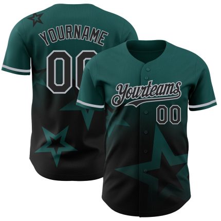 Custom Midnight Green Gradient 3D Twinkle Star Baseball Jersey - Personalized Team Name & Number, Black-Gray Design Personalized