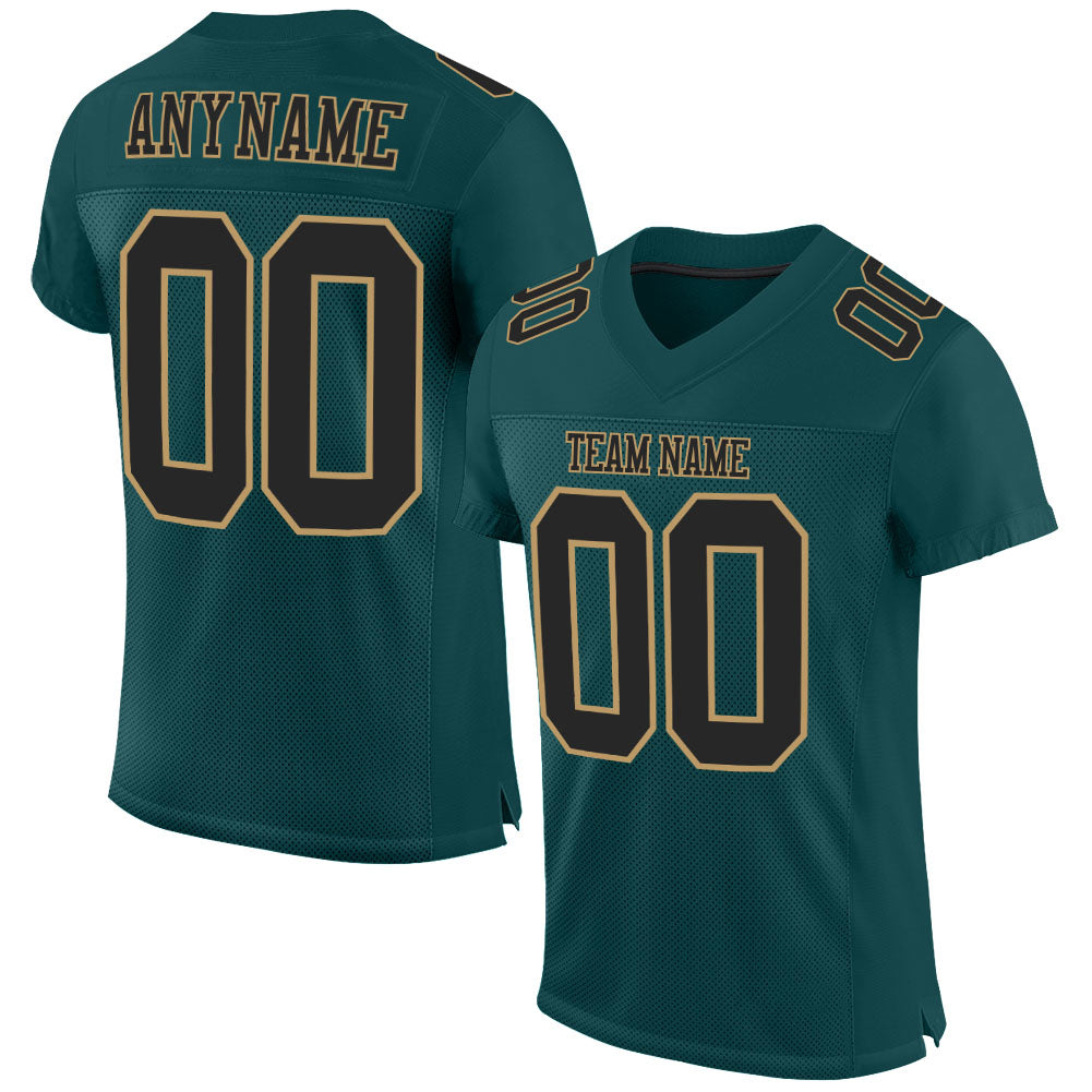 Custom Personalized Football Jersey, Midnight Green and Black-Old Gold Mesh, Team Name and Number Personalized Midnight Green