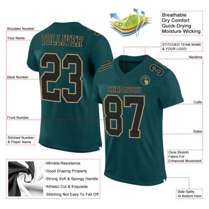 Custom Personalized Football Jersey, Midnight Green and Black-Old Gold Mesh, Team Name and Number Personalized Midnight Green
