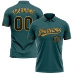 Custom Midnight Green Performance Golf Polo Shirt with Team Name and Number - Black and Old Gold Design Personalized Midnight