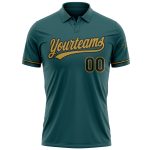 Custom Midnight Green Performance Golf Polo Shirt with Team Name and Number - Black and Old Gold Design Personalized Midnight