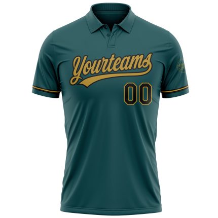 Custom Midnight Green Performance Golf Polo Shirt with Team Name and Number - Black and Old Gold Design Personalized Midnight