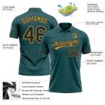 Custom Midnight Green Performance Golf Polo Shirt with Team Name and Number - Black and Old Gold Design Personalized Midnight