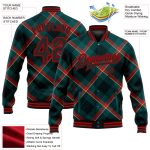 Custom Name and Number Midnight Green Black-Red Check 3D Pattern Bomber Varsity Letterman Jacket Personalized Midnight Green