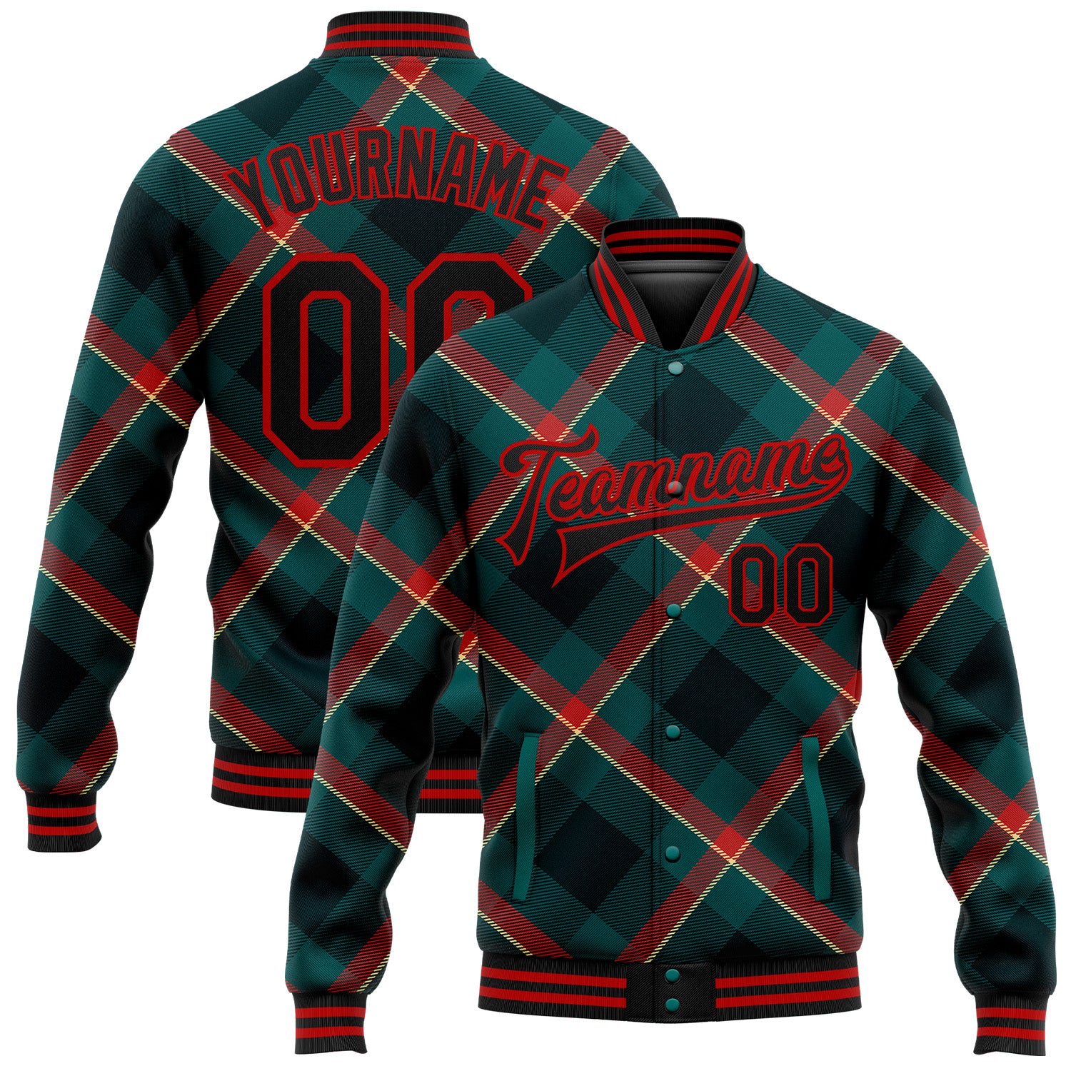Custom Name and Number Midnight Green Black-Red Check 3D Pattern Bomber Varsity Letterman Jacket Personalized Midnight Green