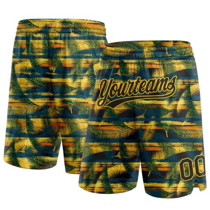 Personalized Basketball Shorts with Midnight Green Black-Yellow 3D Palm Leaves Design - Custom Name and Number Personalized