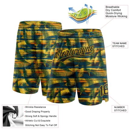 Personalized Basketball Shorts with Midnight Green Black-Yellow 3D Palm Leaves Design - Custom Name and Number Personalized
