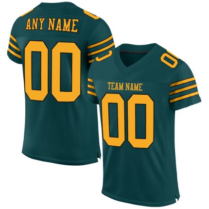 Personalized Midnight Green Football Jersey with Gold-Black Mesh Authentic Design Personalized Midnight Green Gold-Black