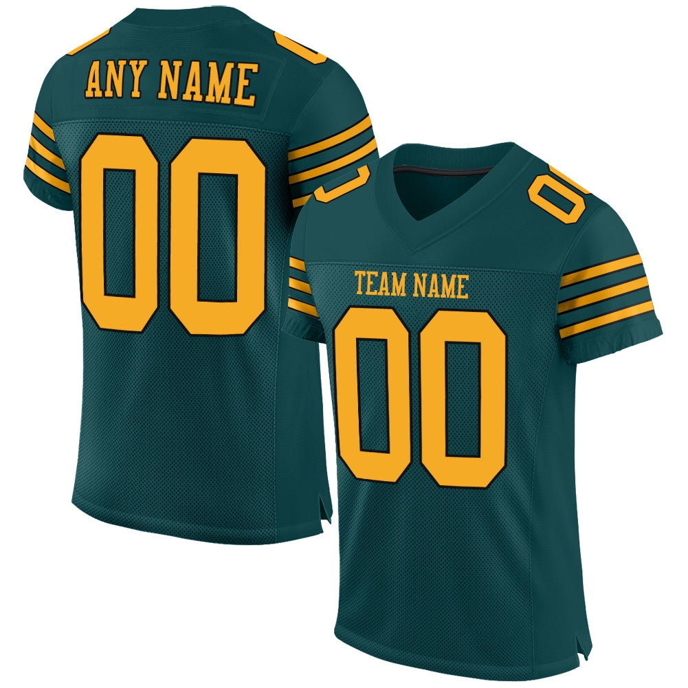 Personalized Midnight Green Football Jersey with Gold-Black Mesh Authentic Design Personalized Midnight Green Gold-Black