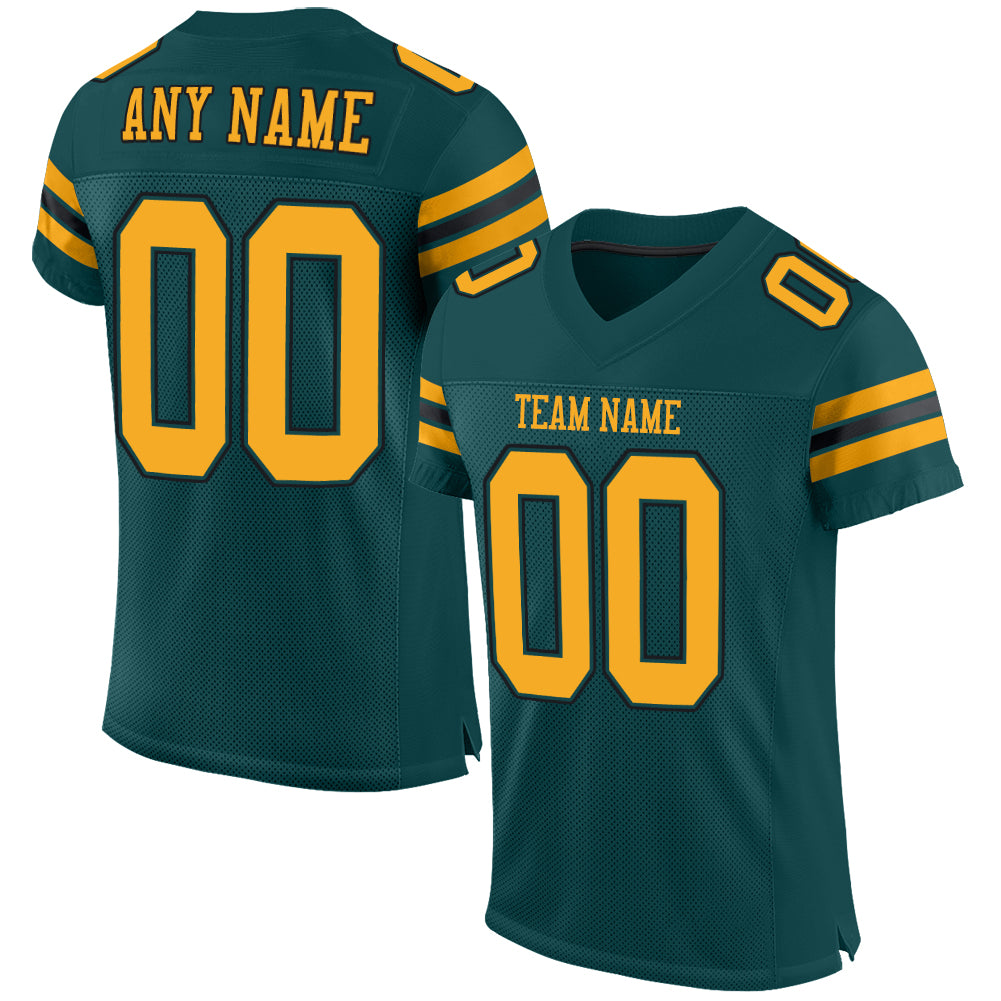 Custom Midnight Green Gold-Black Mesh Authentic Football Jersey with Personalized Name and Number Personalized Midnight Green