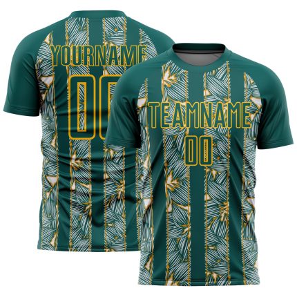 Custom Midnight Green Soccer Jersey with Gold Flowers, Personalized Team Name & Number - Sublimation Uniform Personalized