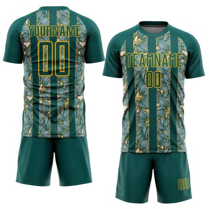 Custom Midnight Green Soccer Jersey with Gold Flowers, Personalized Team Name & Number - Sublimation Uniform Personalized