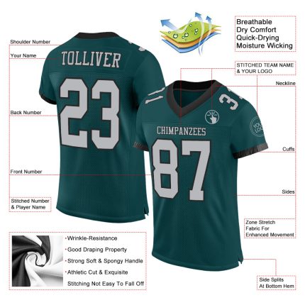 Custom Name Number Authentic Football Jersey in Midnight Green Gray Black Mesh Personalized Midnight Green Gray-Black Mesh