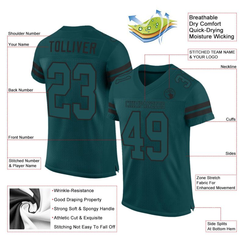 Custom Midnight Green Football Jersey with Personal Name and Number - Authentic Mesh Team Apparel Personalized Midnight Green