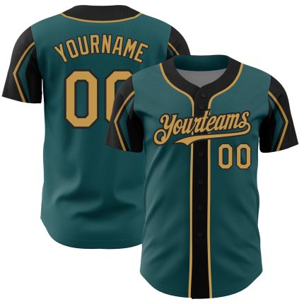 Custom Baseball Jersey - Personalized Midnight Green and Old Gold - Team Name & Number - Authentic 3 Color Arm Shapes Personalized