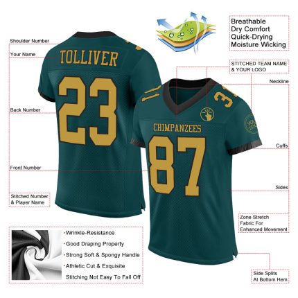 Custom Midnight Green Black Mesh Football Jersey with Personalized Name and Number - Authentic Team Jersey Personalized Midnight