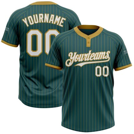 Personalized Custom Name and Number Softball Jersey - Unisex Two-Button Midnight Green Old Gold Pinstripe Personalized Midnight