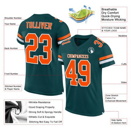 Custom Midnight Green Orange-White Football Jersey with Personalized Name and Number - Authentic Team Apparel Personalized