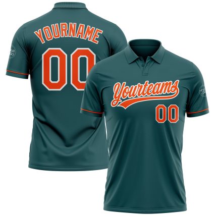 Custom Midnight Green Performance Golf Polo Shirt with Orange-White Design, Personalized with Team Name and Number Personalized